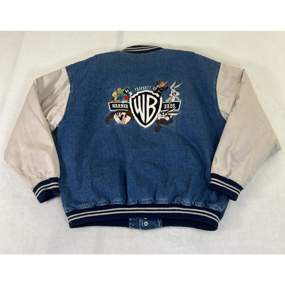 Vintage 90s WARNER BROS@LOONY TUNES Denim Varsity insulated Bomber Jacket Medium - Picture 11 of 13